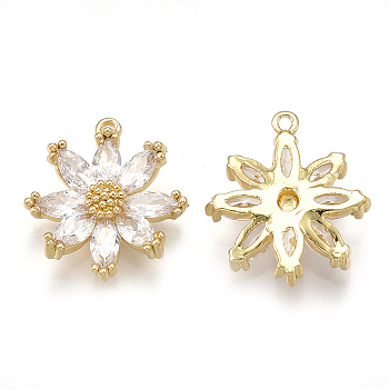Brass Micro Pave Cubic Zirconia Pendants, Daisy, Clear, Real 18K Gold Plated, 15.5x14x3.5mm, Hole: 0.8mm