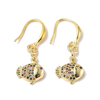 Colorful Cubic Zirconia Fish Dangle Earrings, Rack Plating Brass Jewelry for Women, Golden, 31mm, Pin: 0.9mm