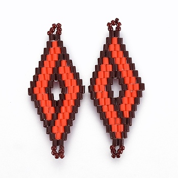 MIYUKI & TOHO Handmade Japanese Seed Beads Links, Loom Pattern, Rhombus, Orange Red, 40.7~42x16.4~17x1.7~1.9mm, Hole: 1.2~1.4mm