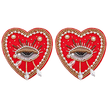 Handmade Polyester Cloth Patches, Sew on Patches, Plastic Imitation Pearl & Glass Beaded Heart with Weeping Eye, Red, 85x84x10mm