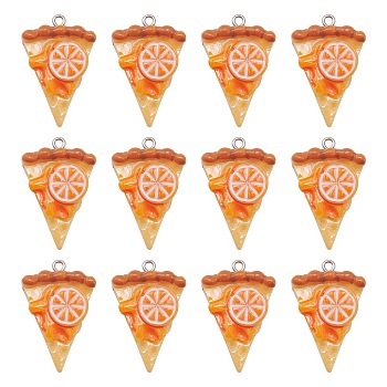 Opaque Resin Pendants, with Platinum Tone Alloy Loops, Imitation Food, Triangle Pizza, Orange, 33x21.5x12.5mm, Hole: 2mm