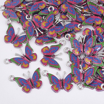 Printed Alloy Pendants, with Enamel, Butterfly, Platinum, Colorful, 14x20.5x1.5mm, Hole: 1.6mm