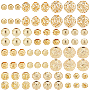 Elite 120Pcs 12 Styles Brass and Alloy Spacer Beads, Round, Real 18K Gold Plated, 3.5~8x3~7.3mm, Hole: 2~6mm, 10pcs/style