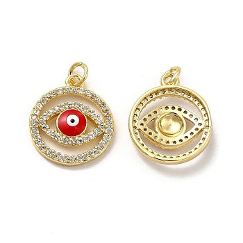 Brass Micro Pave Cubic Zirconia Pendants, with Enamel & Jump Ring, Flat Round with Evil Eye Charm, Golden, Red, 19x16.5x4.5mm, Hole: 3.3mm