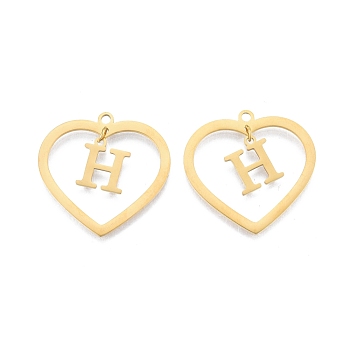 201 Stainless Steel Pendants, Hollow, Heart with Letter A~Z, Real 18K Gold Plated, Letter.H, 29x29.5x1mm, Hole: 2mm, A~Z: 12x8~10.5x1mm
