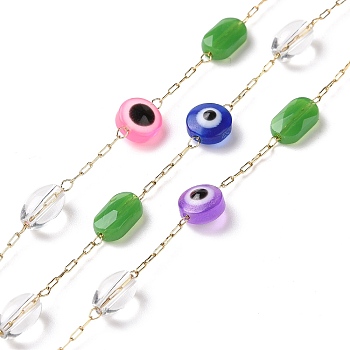 Flat Round with Evil Eye Glass Beaded Chains, with Golden 304 Stainless Steel Paperclip Chains, Unwelded, Green, 6x4mm, 7.5x4.5x3mm