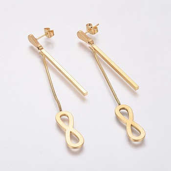 304 Stainless Steel Dangle Stud Earrings, Hypoallergenic Earrings, with Snake Chain, Ear Nuts, Infinity & Bar, Golden, 72.5mm, Pin: 0.8mm