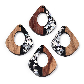 Opaque Resin & Walnut Wood Pendants, Kite Charms with Butterfly Paillettes, Waxed, Silver, 32.5x27.5x3.5mm, Hole: 2mm