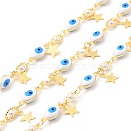 Enamel Horse Eye Link Chains, with Glass Pearl Beaded & Brass Star Charms, Real 18K Gold Plated. Soldered, Long-Lasting Plated, with Spools, Deep Sky Blue, 5x13x4mm, 7.5x4x3mm(CHC-C003-16G)