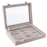 8 Slot Velvet Jewelry Ring Presentation Boxes, Glass Visible Window Finger Ring Organizer Case with Platinum Tone Alloy Clasps, Rectangle, Light Grey, 20.4x15.7x4.6cm(VBOX-WH0016-01A)