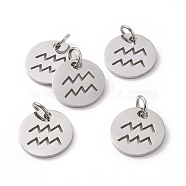 304 Stainless Steel Charms, Flat Round with Constellation/Zodiac Sign, Aquarius, 12x1mm, Hole: 3mm(STAS-Q201-T445-11S)