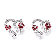Valentine's Day Theme Brass Micro Pave Clear Cubic Zirconia Pendants, with Red Enamel, Long-Lasting Plated, Heart with Roses, Platinum, 18x17x4.5mm, Hole: 0.7mm(KK-J278-02P)