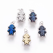 Druzy Resin Pendants, with Brass Finding, Girl, Platinum, Mixed Color, 17x9x4~6mm, Hole: 3mm(KK-J273-FP)