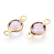 304 Stainless Steel with Glass Connector Charms, Flat Round Links, Stainless Steel Color, Real 18K Gold Plated, Plum, 12.5x7x2mm, Hole: 1.5mm(STAS-G305-08G-09)