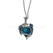 Alloy Rhinestone Dragon Holding Heart Pendant Necklaces with Enamel, Cable Chain Necklaces for Women, Platinum, Indigo, 17.72 inch(45cm)(PW-WGD9ED9-01)