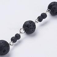 Natural Lava Rock Handmade Beaded Chains, Unwelded, with Iron Eye Pin and Lava Rock Beads, Platinum, 39.37 inch, 1m/strand(AJEW-JB00341)