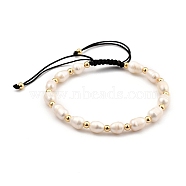 Adjustable Nylon Thread Braided Beads Bracelets, with Natural Cultured Freshwater Pearl Beads and Brass Beads, Real 18K Gold Plated, Black, Inner Diameter: 5.5~9cm(2-1/8~3-1/2 inch)(BJEW-JB05382-02)