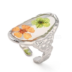 Oval Epoxy Resin with Dry Flower Cuff Rings, 316 Surgical Stainless Steel Finger Ring, Stainless Steel Color, US Size 7 1/4(17.5mm)(RJEW-G304-02P)