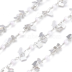 3.28 Feet Brass Chains, with Glass Beads & Heart Charm, Soldered, Long-Lasting Plated, Real Platinum Plated, 3.8x2.5x0.4mm(X-CHC-K009-08P)
