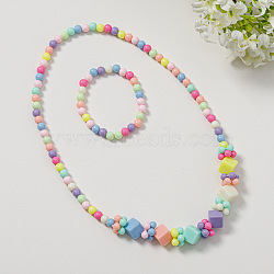 Plastic Beaded Necklaces & Beaded Bracelets, Kid Jewelry Sets, Colorful, Cube, 450mm & 140mm(WG32877-14)