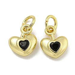 Rack Plating Brass Micro Pave Cubic Zirconia Charms, with Jump Ring, Cadmium Free & Lead Free, Real 18K Gold Plated, Long-Lasting Plated, Heart, Black, 10x8x3.5mm, Hole: 3mm(KK-E114-01G-04)