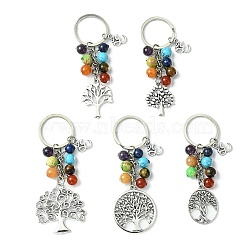 7 Chakra Gemstone Bead Pendant Keychain with Tibetan Style Alloy Tree of Life Charm, for Car Key Bag Ornament, 8.5~9.6cm(KEYC-JKC00542)