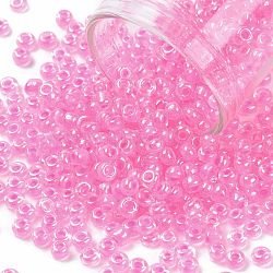 8/0 Glass Seed Beads, Transparent Inside Colours Luster, Round Hole, Round, Hot Pink, 8/0, 3~4x2~3mm, Hole: 0.8mm, about 15000pcs/bag(SEED-A015-3mm-2220)