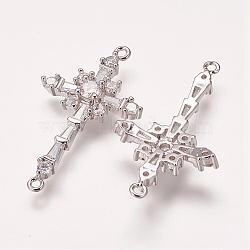 Brass Micro Pave Cubic Zirconia Links, Cross, Platinum, 34x20x4mm, Hole: 1mm(ZIRC-E113-06P)