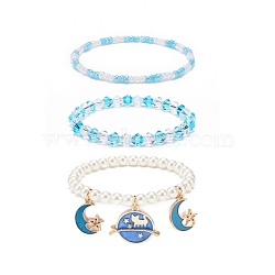 3Pcs 3 Style Shell Pearl & Glass Seed Beaded Stretch Bracelets Set, Alloy Enamel Moon & Star Charms Bracelets for Women, Light Sky Blue, Inner Diameter: 2-1/8~2-1/4 inch(5.3~5.7cm), 3pcs/set(BJEW-JB08705-01)
