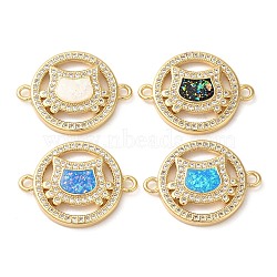 Rack Plating Brass Micro Pave Clear Cubic Zirconia Connector Charms, Ring Cat Links with Synthetic Opal, Real 18K Gold Plated, Cadmium Free & Lead Free, Long-Lasting Plated, Mixed Color, 18.5x24.5x3.5mm, Hole: 1.8mm(KK-P268-18G)