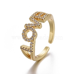 Adjustable Brass Micro Pave Cubic Zirconia Cuff Rings, Open Rings, Long-Lasting Plated, Word LOVE, Clear, Golden, US Size 7 1/4(17.5mm)(RJEW-G102-04G)
