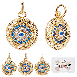 Brass Micro Pave Cubic Zirconia Pendants, with Enamel, Long-Lasting Plated, Cadmium Free & Lead Free, Flat Round with Evil Eye, Real 18K Gold Plated, 15x12.5x3.5mm, Hole: 3.6mm, 5pcs/box(KK-BBC0003-39)