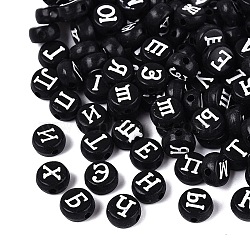Opaque Acrylic Beads, Craft Beads, Flat Round with Russian Alphabet Pattern, White, 7x3.5mm, Hole: 1.5mm, about 3333pcs/500g(SACR-Q001-13C)