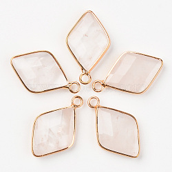 Natural Quartz Crystal Pendants, Rock Crystal Pendants, with Light Golden Plated Brass Edge, Rhombus, Faceted, 26x15.5x4.5mm, Hole: 2mm(G-R464-005A)