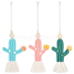 3Pcs 3 Colors Cotton Pendant Decorations, with Wooden Beads, Cactus, Mixed Color, 265~277mm, 1pc/color(AJEW-CA0001-86)