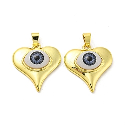 Real 18K Gold Plated Brass Pendants, with Acrylic, Heart with Evil Eye Charms, Steel Blue, 26.5x25x8mm, Hole: 5x3.5mm(KK-L209-003G-02)