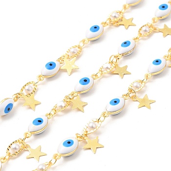 Enamel Horse Eye Link Chains, with Glass Pearl Beaded & Brass Star Charms, Real 18K Gold Plated. Soldered, Long-Lasting Plated, with Spools, Deep Sky Blue, 5x13x4mm, 7.5x4x3mm