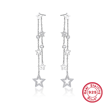 Rhodium Plated 925 Sterling Silver Micro Pave Cubic Zirconia Dangle Stud Earrings, Star Tassel Earrings, with 925 Stamp, Platinum, Chain: 40mm, Star: 12mm