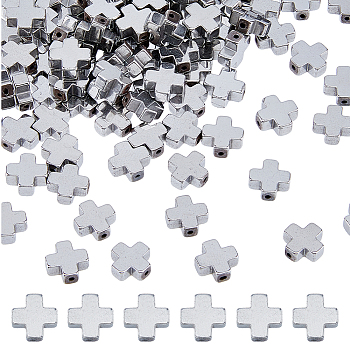 2 Strands Grade A Electroplate Non-magnetic Synthetic Hematite Cross Beads Strands, Platinum Plated, 8x8mm, Hole: 1mm, about 47pcs/strand, 16.54''(42.01cm)