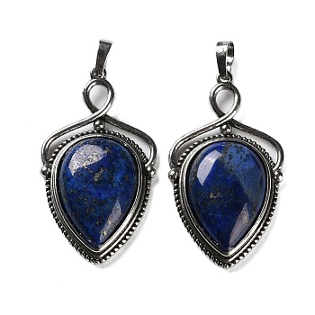 Natural Dyed Lapis Lazuli Pendants, Brass Shield Charms, Antique Silver, Lead Free & Cadmium Free, 45.5x26.5x7mm, Hole: 7x5mm