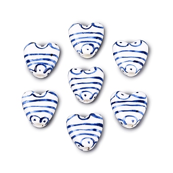 Handmade Porcelain Beads, Blue and White Porcelain, Heart, Royal Blue, 14.5~15x14.5x6.5~7mm, Hole: 3mm