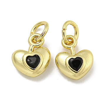 Rack Plating Brass Micro Pave Cubic Zirconia Charms, with Jump Ring, Cadmium Free & Lead Free, Real 18K Gold Plated, Long-Lasting Plated, Heart, Black, 10x8x3.5mm, Hole: 3mm