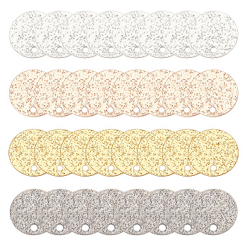48Pcs 4 Colors Brass Charms, Textured, Flat Round Charm, Mixed Color, 10x0.4mm, Hole: 0.9mm, 12pcs/color