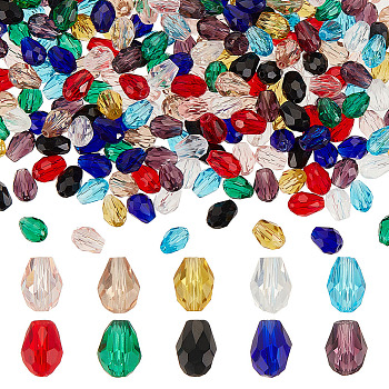 250Pcs 10 Colors Transparent Glass Beads Sets, Faceted Teardrop, Mixed Color, 8x6mm, Hole: 1mm, 25pcs/color