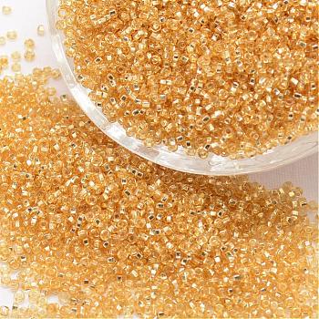 6/0 Round Glass Seed Beads, Silver Lined Square Hole, Transparent Colours, Goldenrod, 3.6~4.0mm, Hole: 1.2mm, about 5000pcs/pound