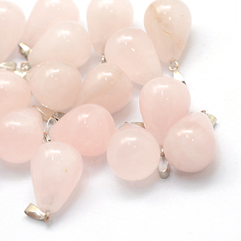 teardrop, Natural Rose Quartz Pendants, with Platinum Plated Brass Findings, 21~24x12~14mm, Hole: 2x7mm