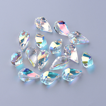 AB Color Half Electroplated Glass Pendants, Faceted Twist Teardrop, Clear AB, 21x12.5x12.5mm, Hole: 1.5mm