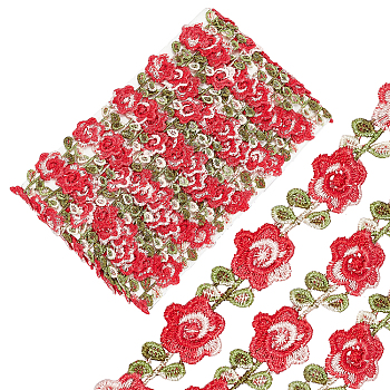Polyester Ribbon, Floral Pattern, Flat, Garment Accessories, Red, 3/4 inch(18x1.5mm)