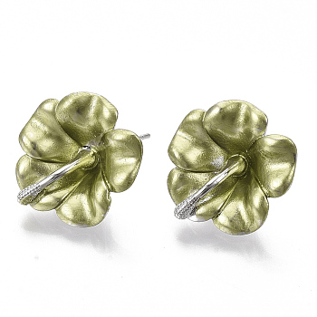 Spray Painted Alloy Stud Earring Findings, with Stainless Steel Pins and Loop, Flower, Platinum, Olive, 18x18mm, Hole: 1.4mm, Pin: 1mm