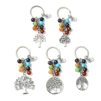 7 Chakra Gemstone Bead Pendant Keychain with Tibetan Style Alloy Tree of Life Charm, for Car Key Bag Ornament, 8.5~9.6cm